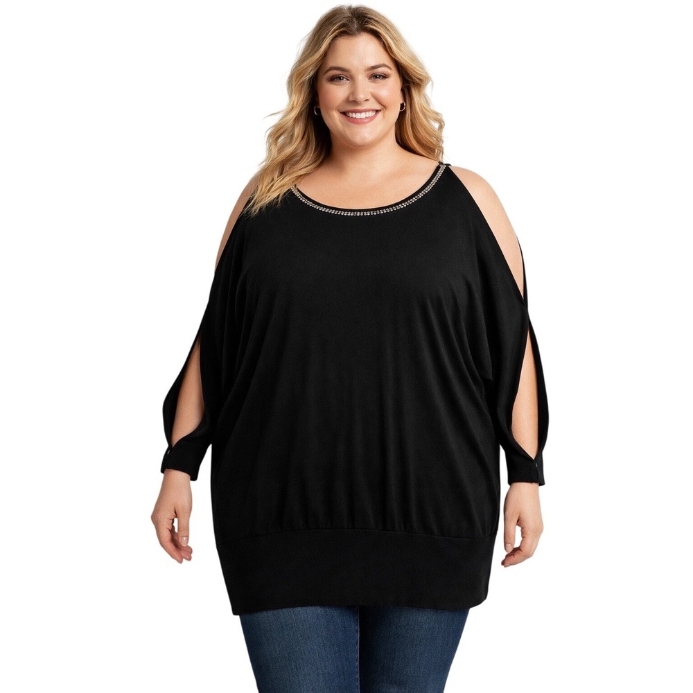 Lane Bryant Cold Shoulder Sweater Dress 26/28 Black Embellished Neck Plus‎ Size